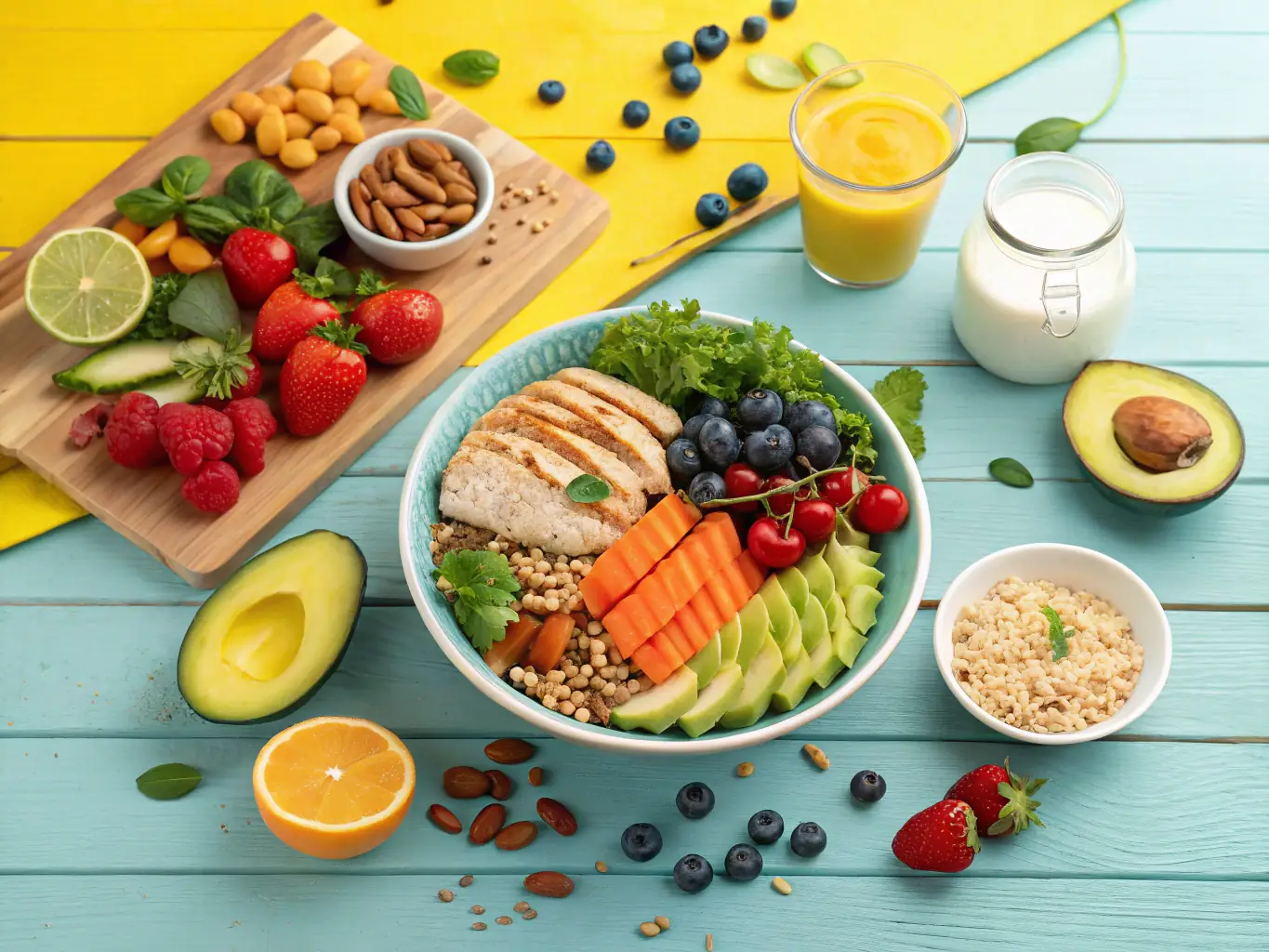 A vibrant and colorful plate of healthy food, including fruits, vegetables, lean protein, and whole grains, arranged to look appealing and nutritious.