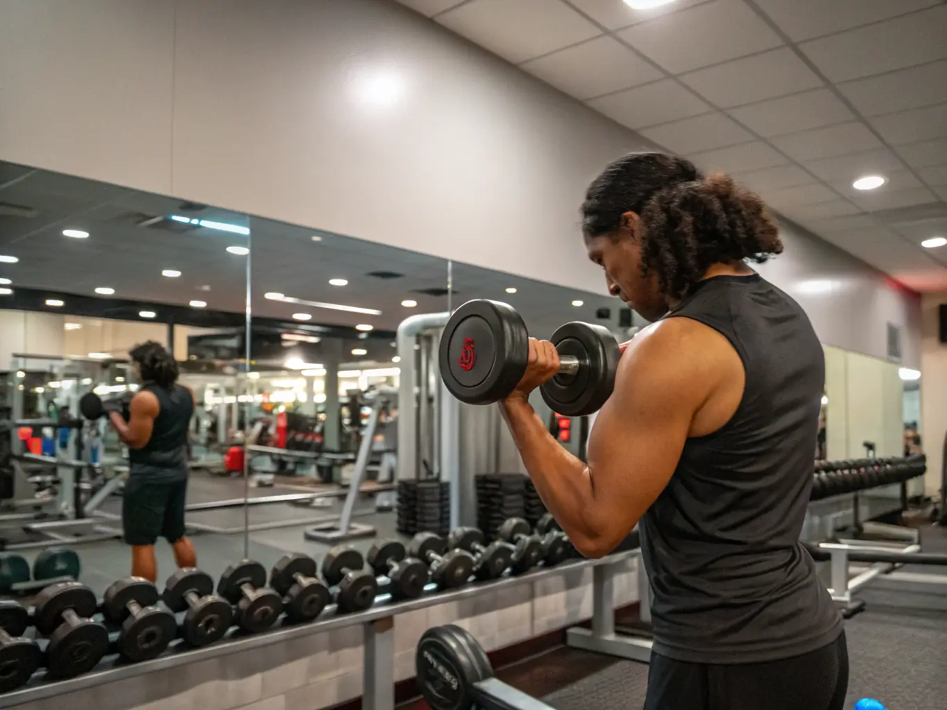 A person lifting weights in a modern gym, focusing on bicep curls, showcasing proper form and muscle engagement. The gym has state-of-the-art equipment and motivational posters.