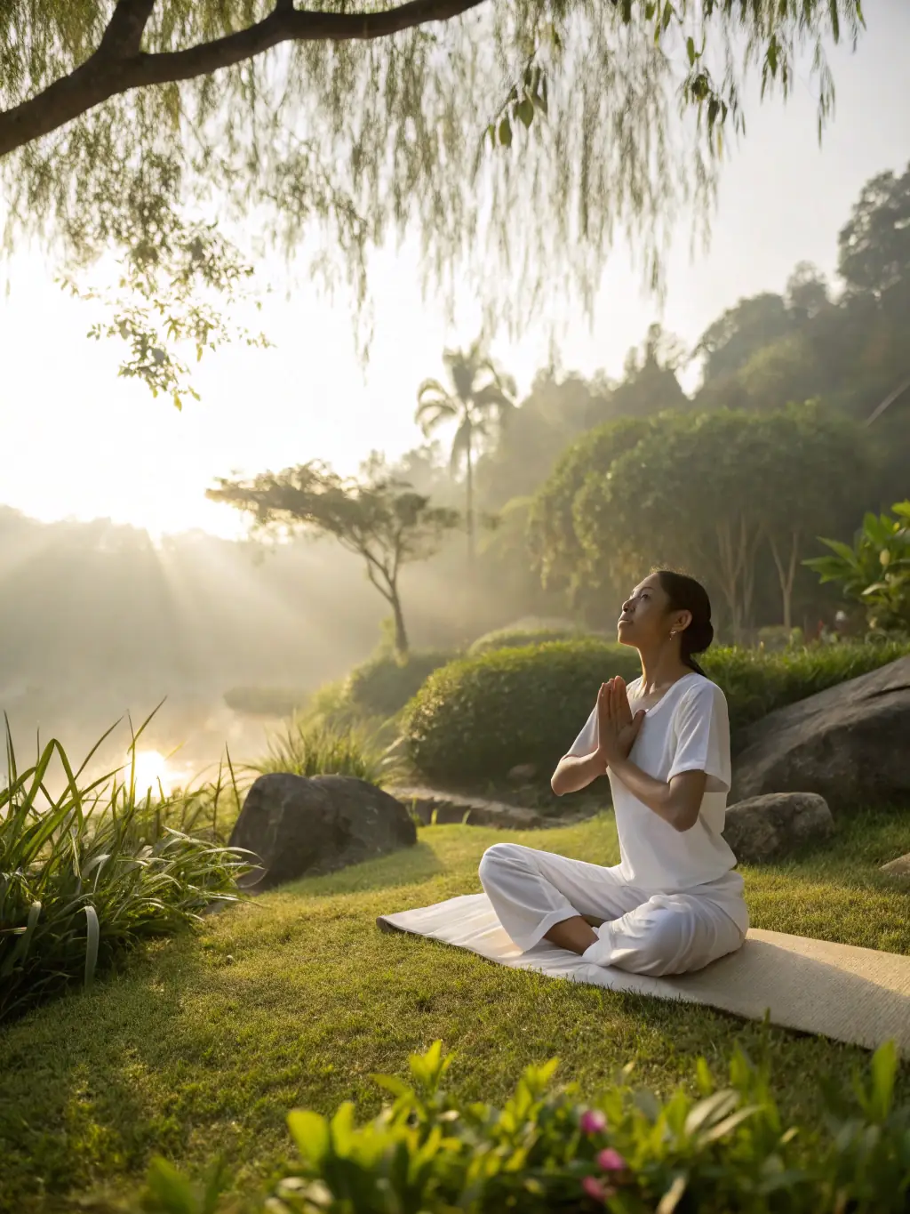 A person practicing yoga outdoors, with a serene lake in the background, symbolizing the connection between physical activity and mental health.