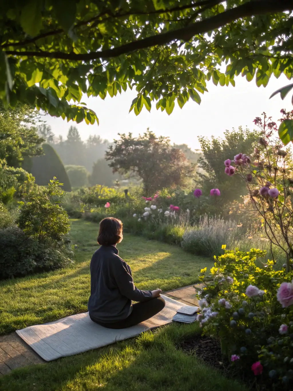 A person meditating in a peaceful garden, sunlight filtering through the trees, promoting mindfulness and stress reduction.