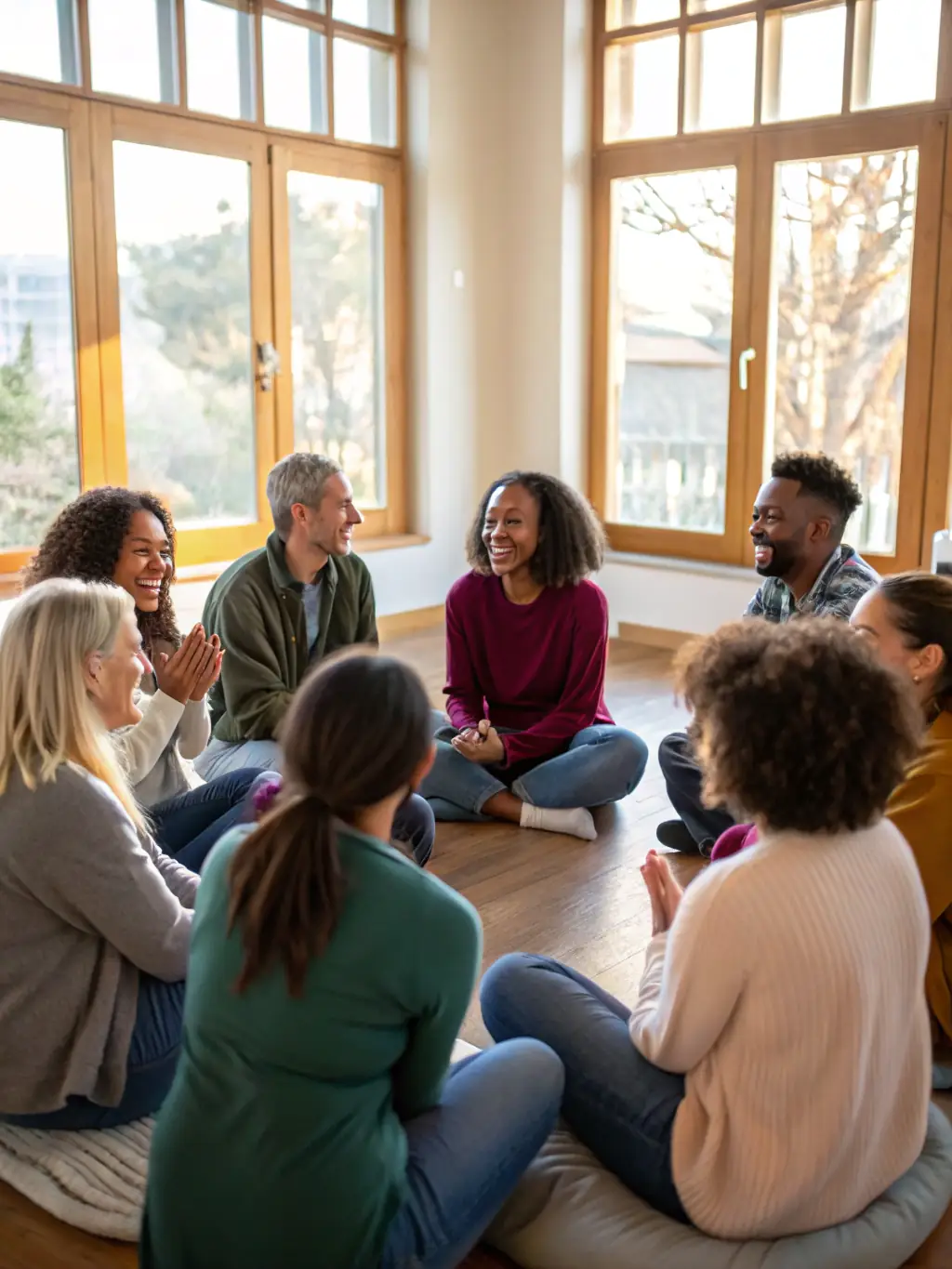 A group of people participating in a support group, sharing their experiences and offering encouragement, highlighting the importance of social connection.