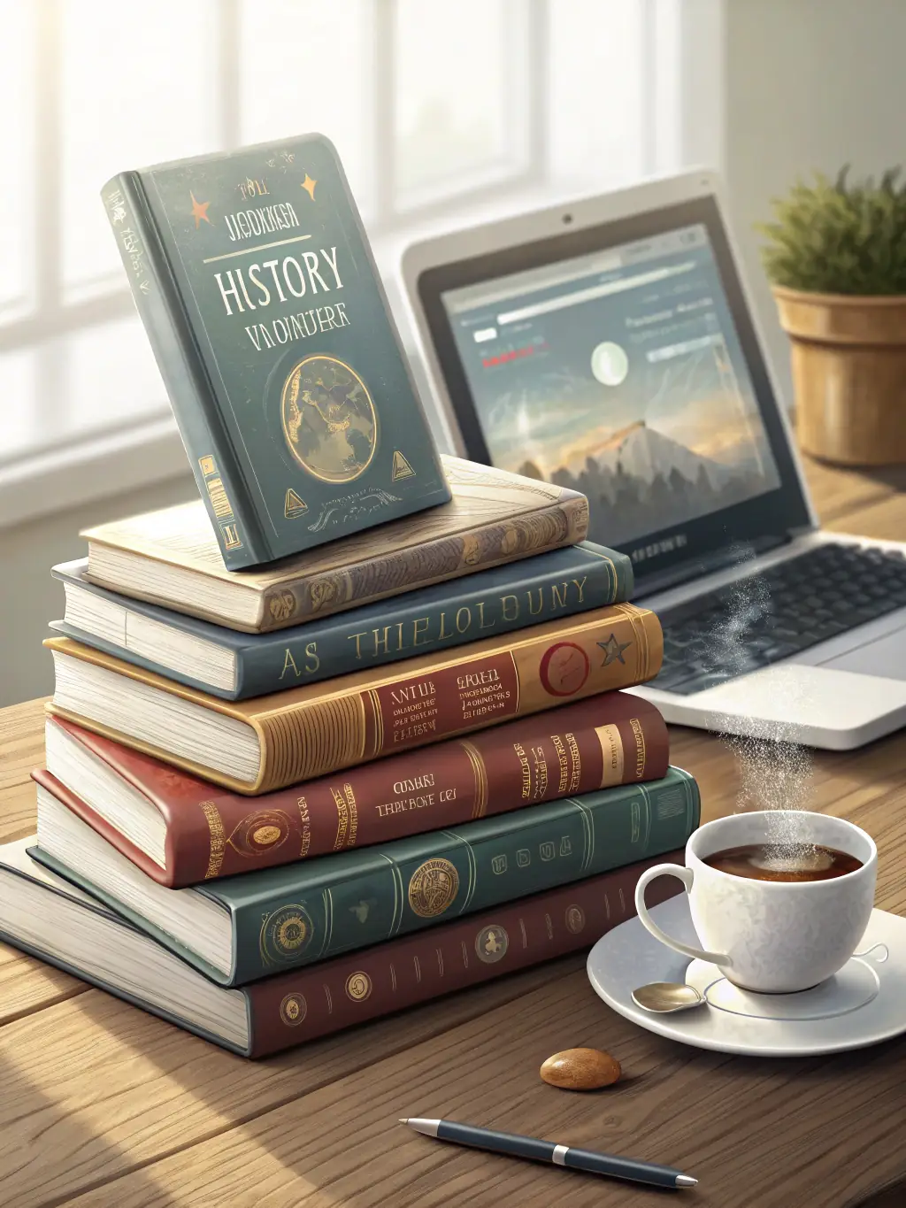 A stack of books on a desk, with a cup of tea and a journal, representing resources for cognitive enhancement and learning.