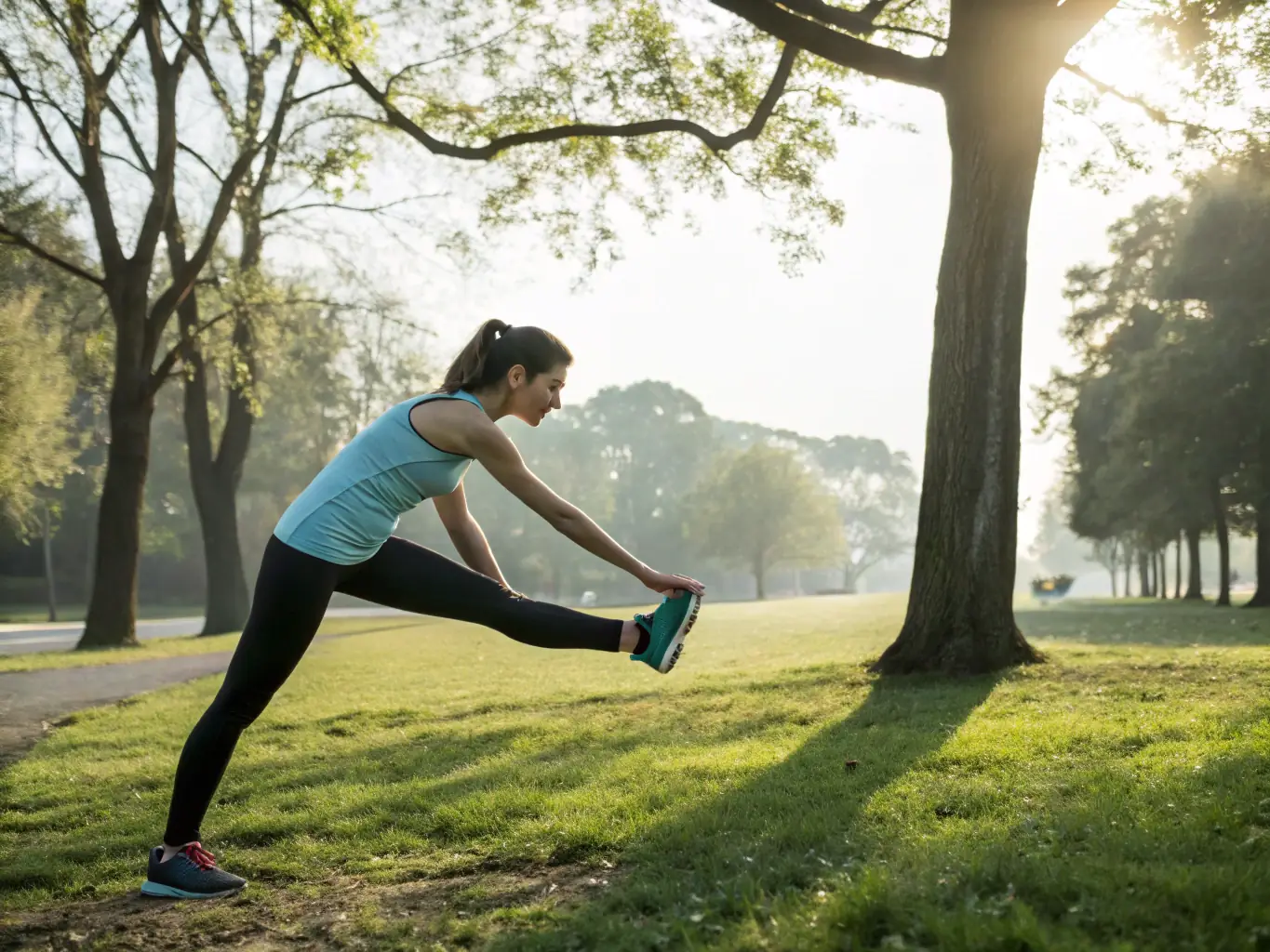 A person stretching their leg muscles before a run in a park, emphasizing the importance of warming up and preventing injuries.