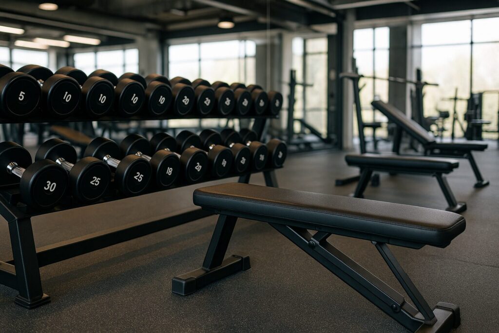 A set of adjustable dumbbells, weight plates, and a resistance band arranged in a bright home gym space, symbolizing modern strength training equipment for home use.